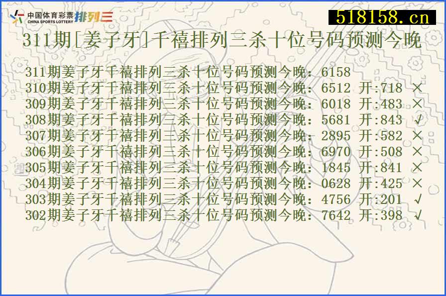 311期[姜子牙]千禧排列三杀十位号码预测今晚