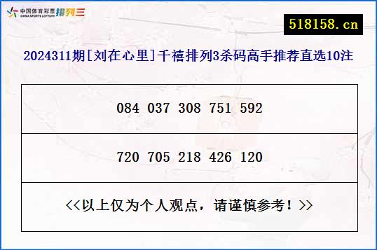 2024311期[刘在心里]千禧排列3杀码高手推荐直选10注