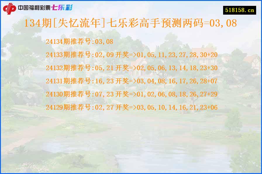 134期[失忆流年]七乐彩高手预测两码=03,08