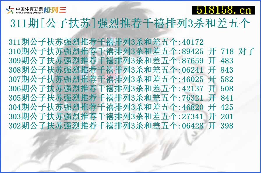 311期[公子扶苏]强烈推荐千禧排列3杀和差五个