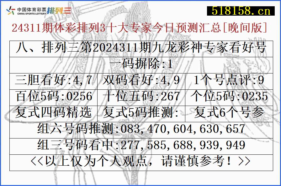 八、排列三第2024311期九龙彩神专家看好号码