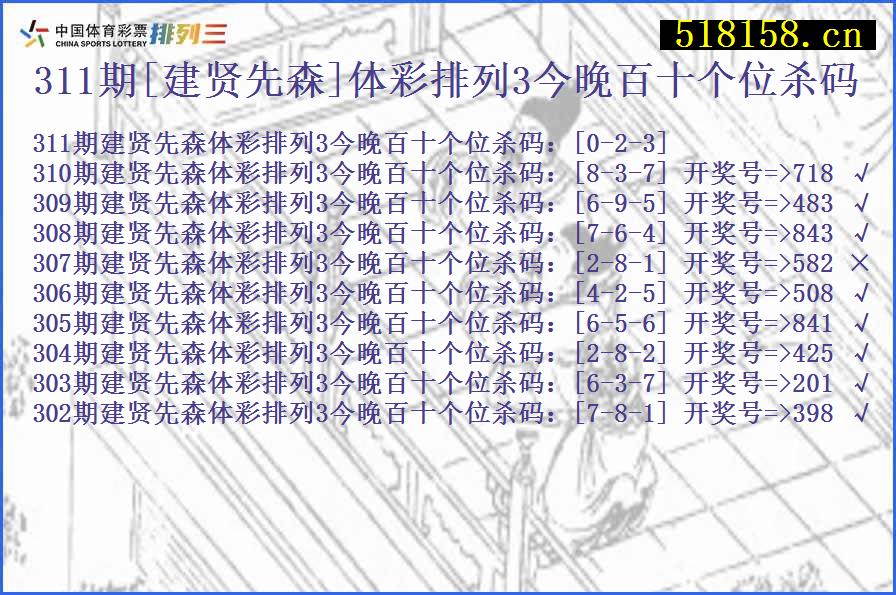 311期[建贤先森]体彩排列3今晚百十个位杀码