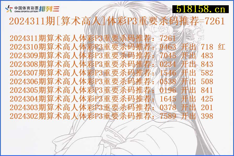 2024311期[算术高人]体彩P3重要杀码推荐=7261