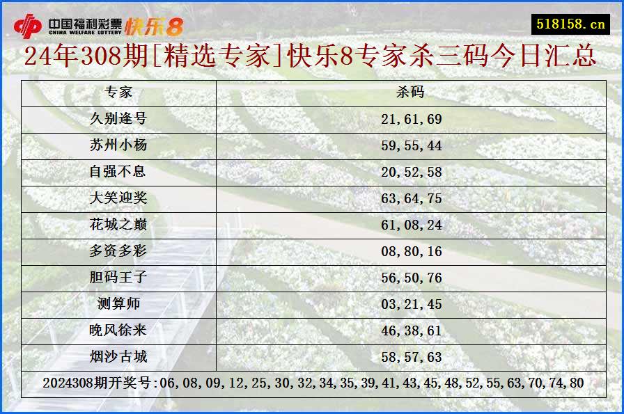 24年308期[精选专家]快乐8专家杀三码今日汇总