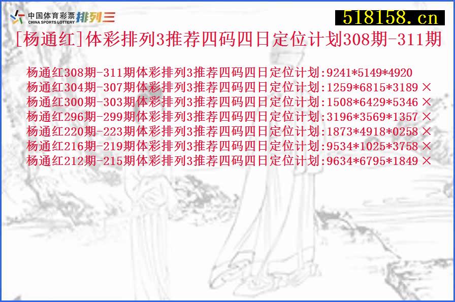 [杨通红]体彩排列3推荐四码四日定位计划308期-311期