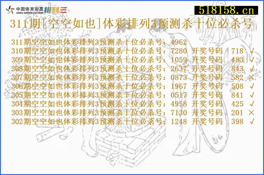 311期[空空如也]体彩排列3预测杀十位必杀号