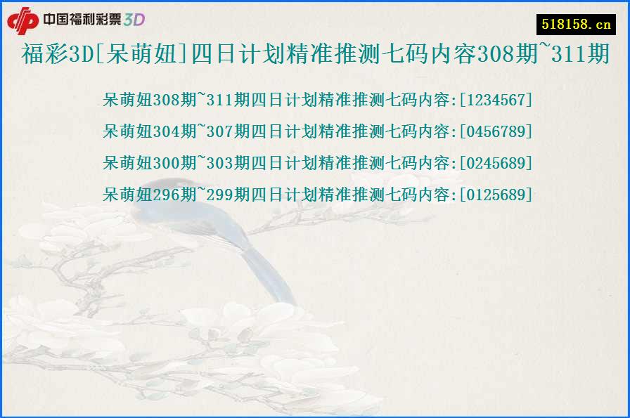 福彩3D[呆萌妞]四日计划精准推测七码内容308期~311期