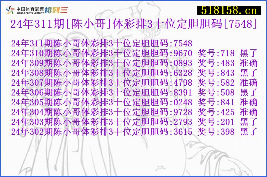 24年311期[陈小哥]体彩排3十位定胆胆码[7548]