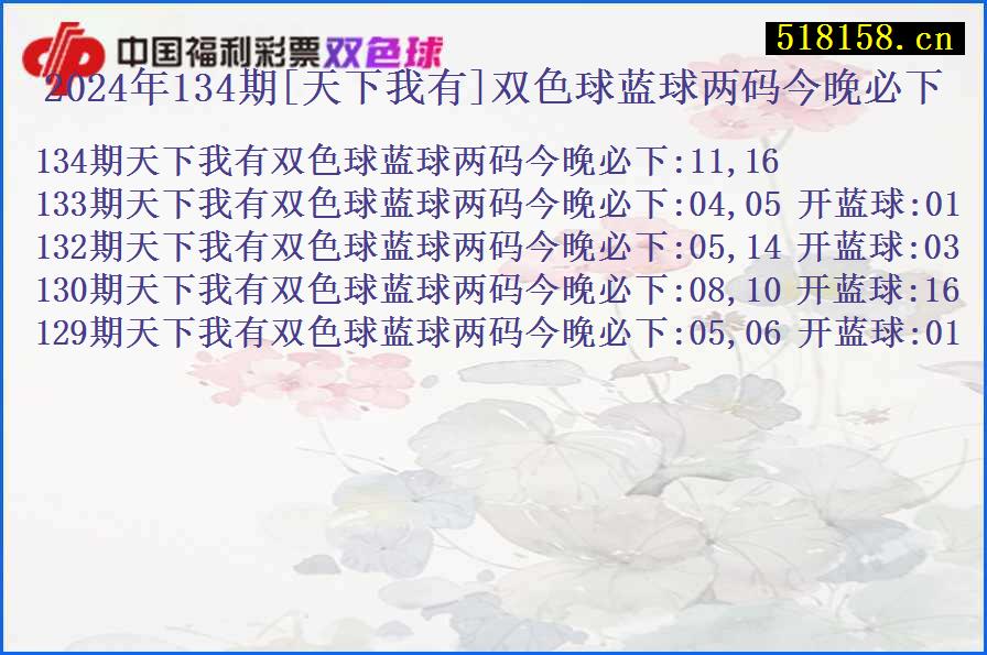 2024年134期[天下我有]双色球蓝球两码今晚必下