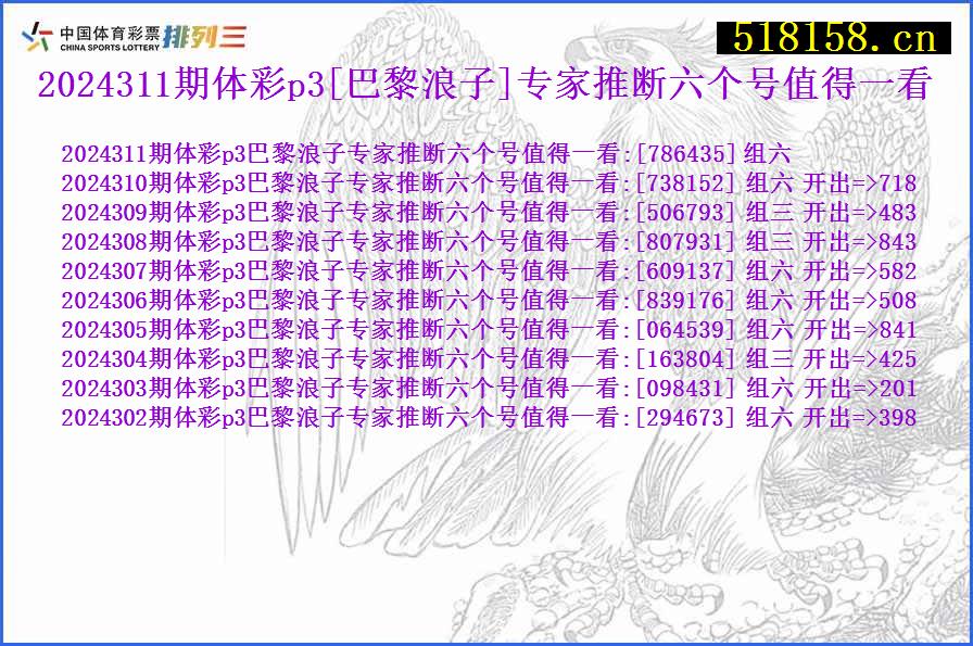 2024311期体彩p3[巴黎浪子]专家推断六个号值得一看