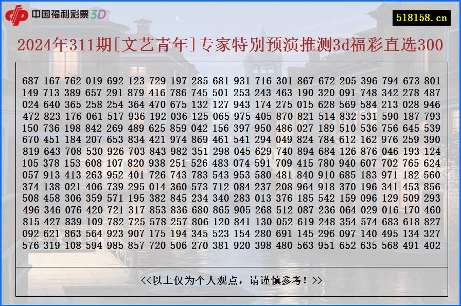 2024年311期[文艺青年]专家特别预演推测3d福彩直选300