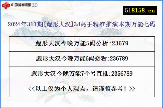 2024年311期[彪形大汉]3d高手精准推演本期万能七码