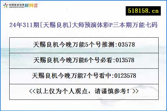 24年311期[天赐良机]大师预演体彩P三本期万能七码