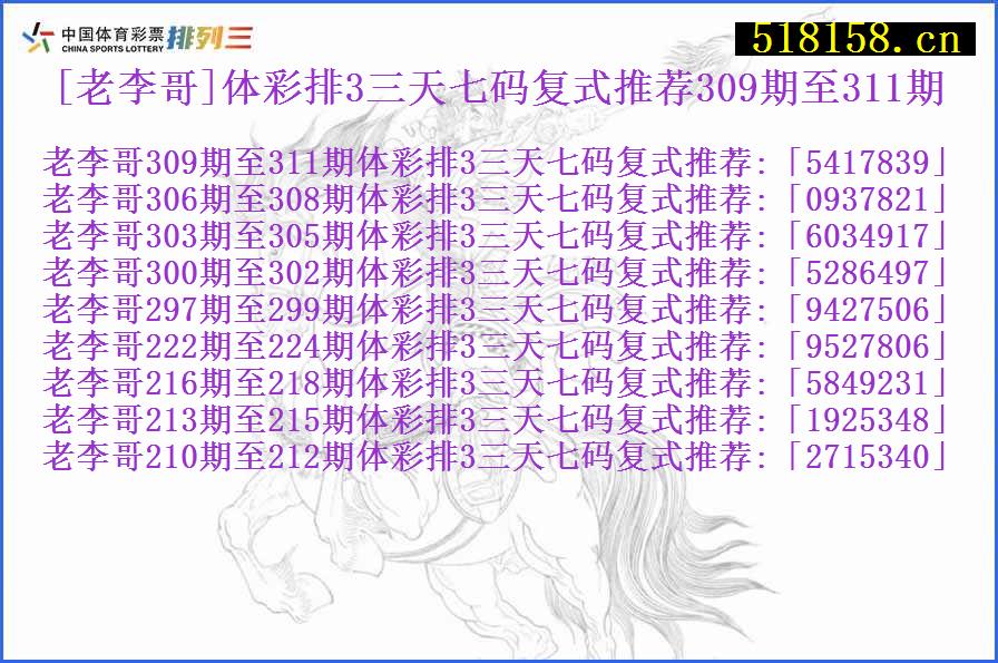 [老李哥]体彩排3三天七码复式推荐309期至311期