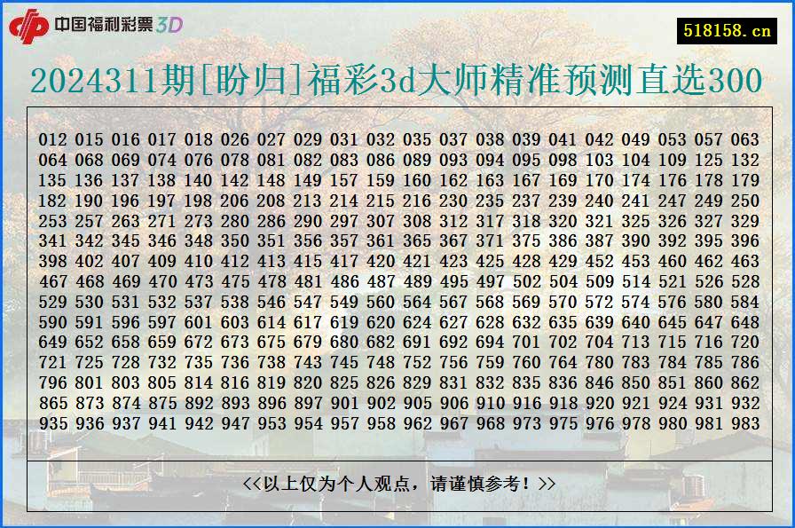 2024311期[盼归]福彩3d大师精准预测直选300