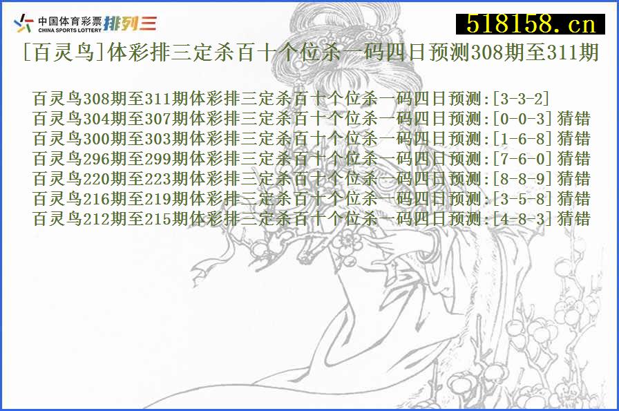 [百灵鸟]体彩排三定杀百十个位杀一码四日预测308期至311期