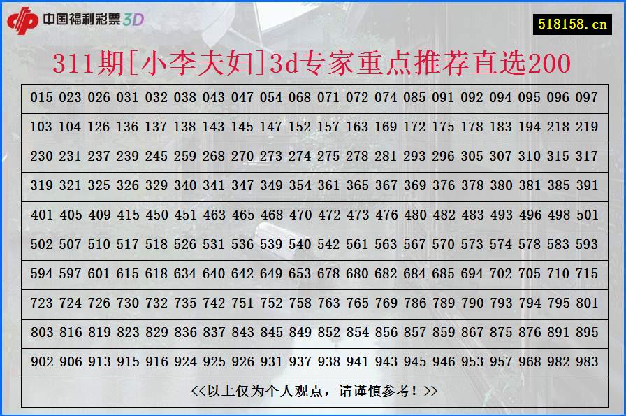 311期[小李夫妇]3d专家重点推荐直选200