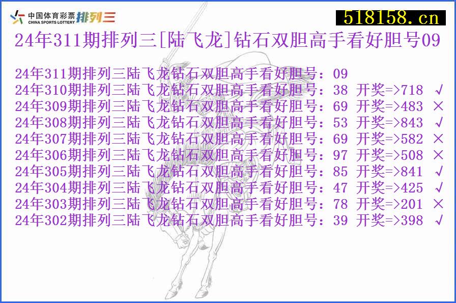 24年311期排列三[陆飞龙]钻石双胆高手看好胆号09