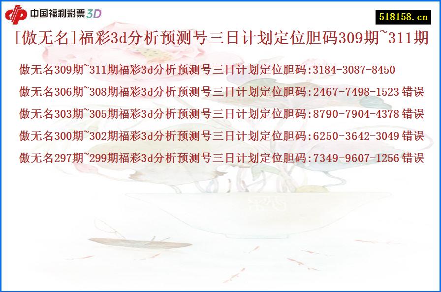 [傲无名]福彩3d分析预测号三日计划定位胆码309期~311期