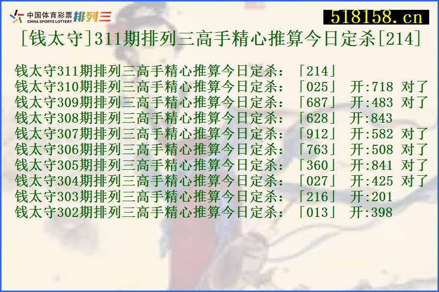 [钱太守]311期排列三高手精心推算今日定杀[214]