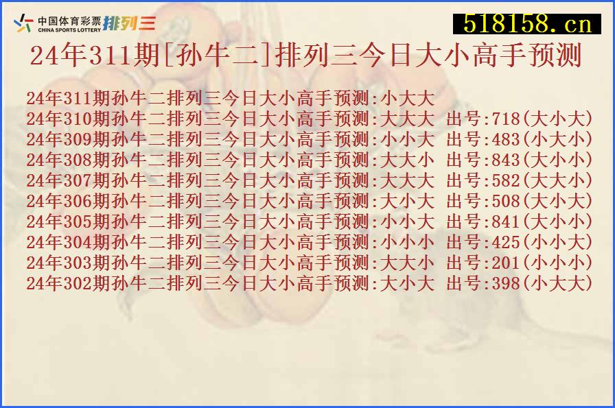 24年311期[孙牛二]排列三今日大小高手预测