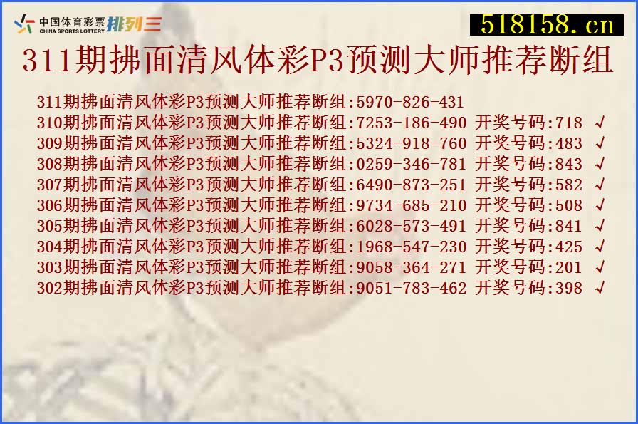 311期拂面清风体彩P3预测大师推荐断组