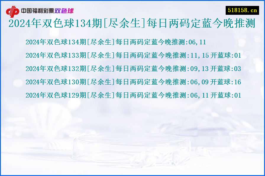 2024年双色球134期[尽余生]每日两码定蓝今晚推测