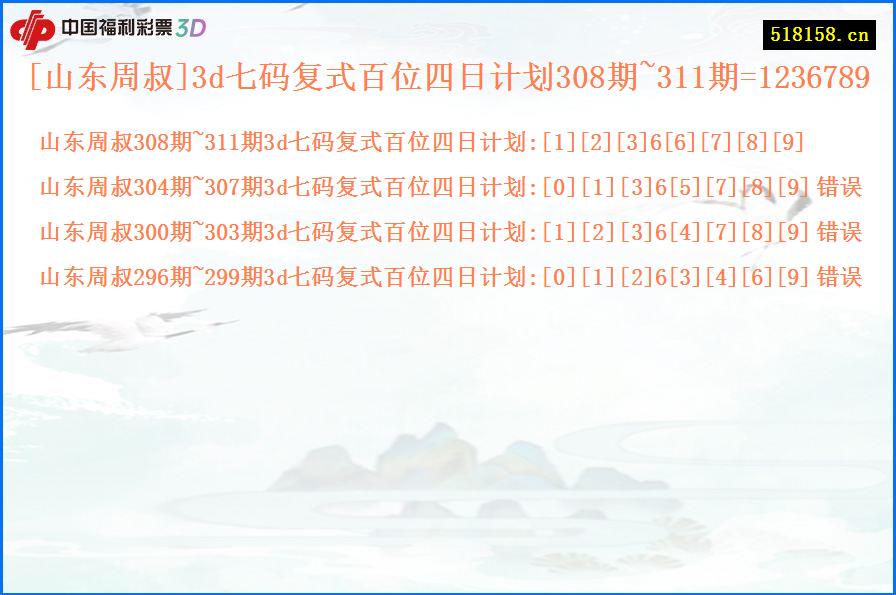 [山东周叔]3d七码复式百位四日计划308期~311期=1236789