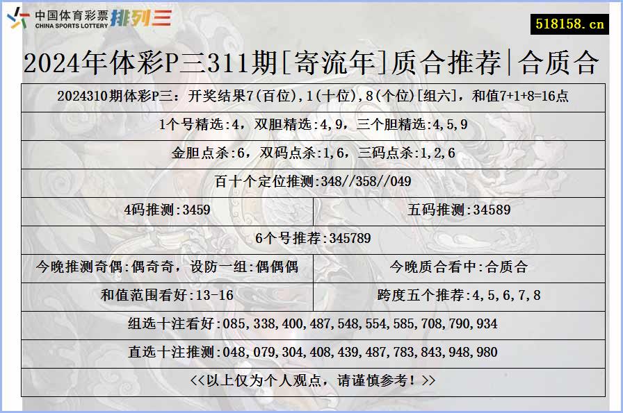 2024年体彩P三311期[寄流年]质合推荐|合质合