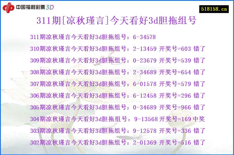 311期[凉秋瑾言]今天看好3d胆拖组号