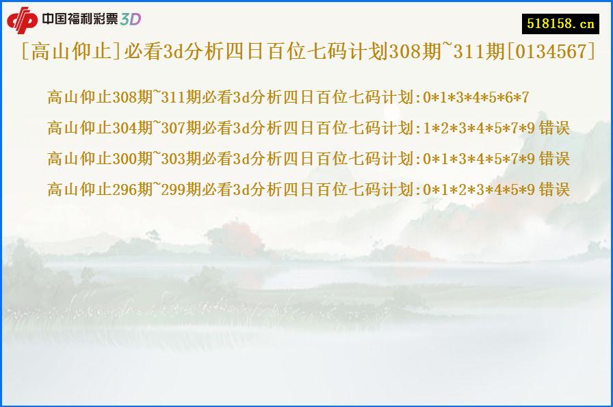 [高山仰止]必看3d分析四日百位七码计划308期~311期[0134567]