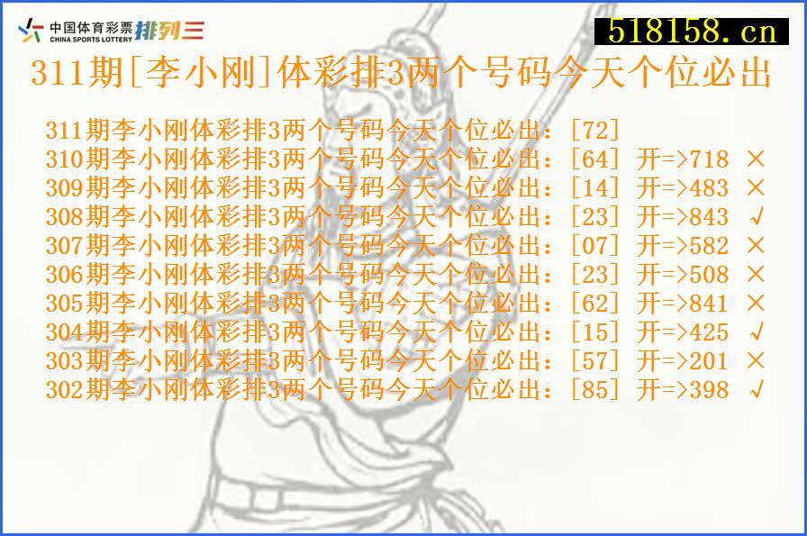 311期[李小刚]体彩排3两个号码今天个位必出