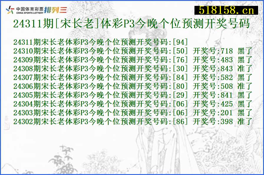 24311期[宋长老]体彩P3今晚个位预测开奖号码