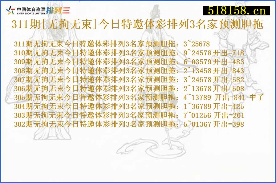 311期[无拘无束]今日特邀体彩排列3名家预测胆拖