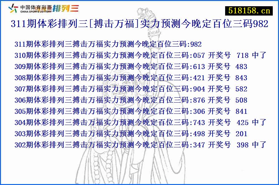 311期体彩排列三[搏击万福]实力预测今晚定百位三码982