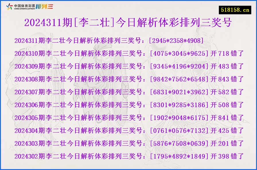 2024311期[李二壮]今日解析体彩排列三奖号