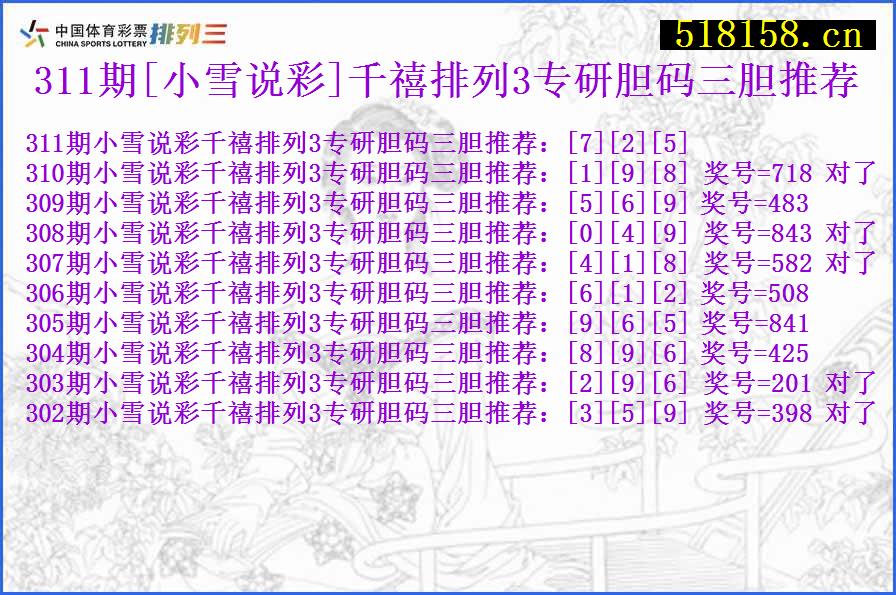 311期[小雪说彩]千禧排列3专研胆码三胆推荐