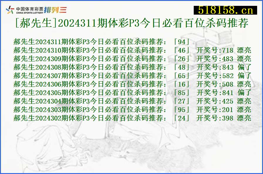 [郝先生]2024311期体彩P3今日必看百位杀码推荐