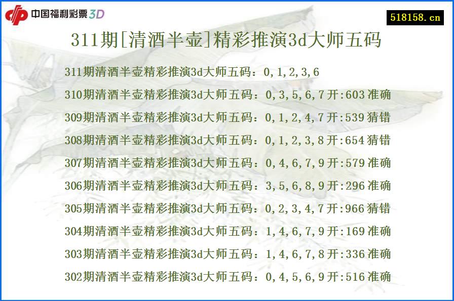 311期[清酒半壶]精彩推演3d大师五码