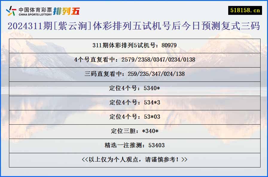 2024311期[紫云涧]体彩排列五试机号后今日预测复式三码