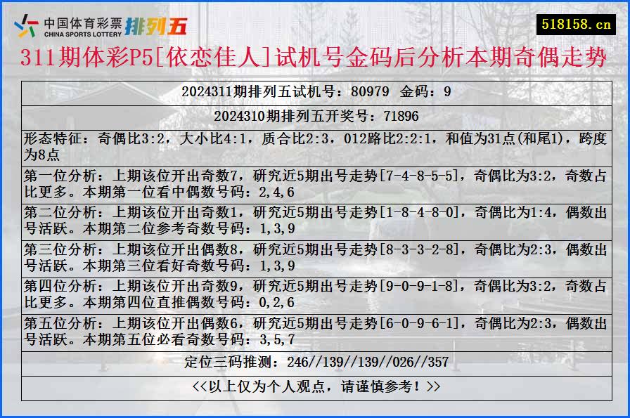 311期体彩P5[依恋佳人]试机号金码后分析本期奇偶走势