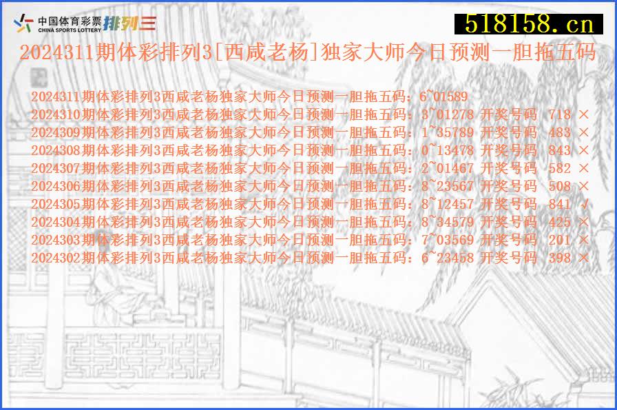 2024311期体彩排列3[西咸老杨]独家大师今日预测一胆拖五码