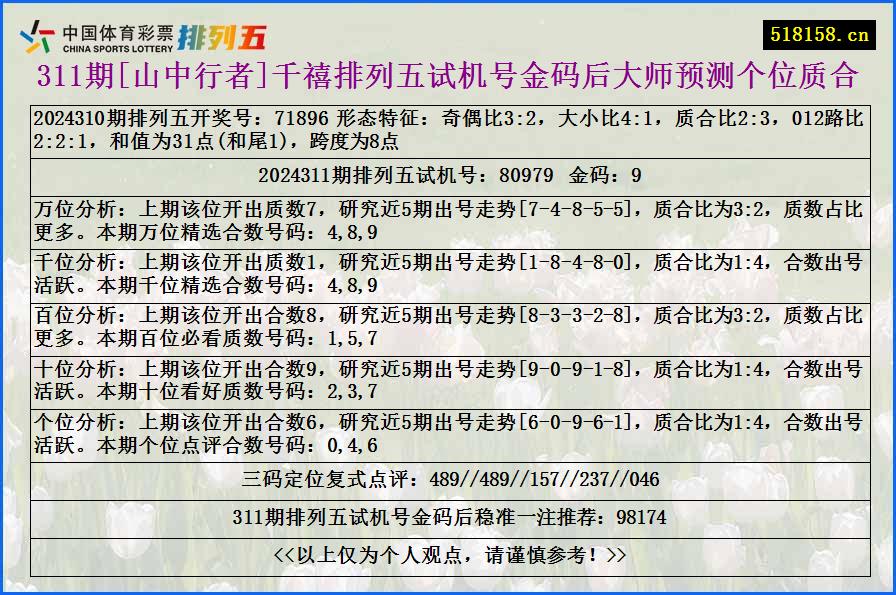 311期[山中行者]千禧排列五试机号金码后大师预测个位质合