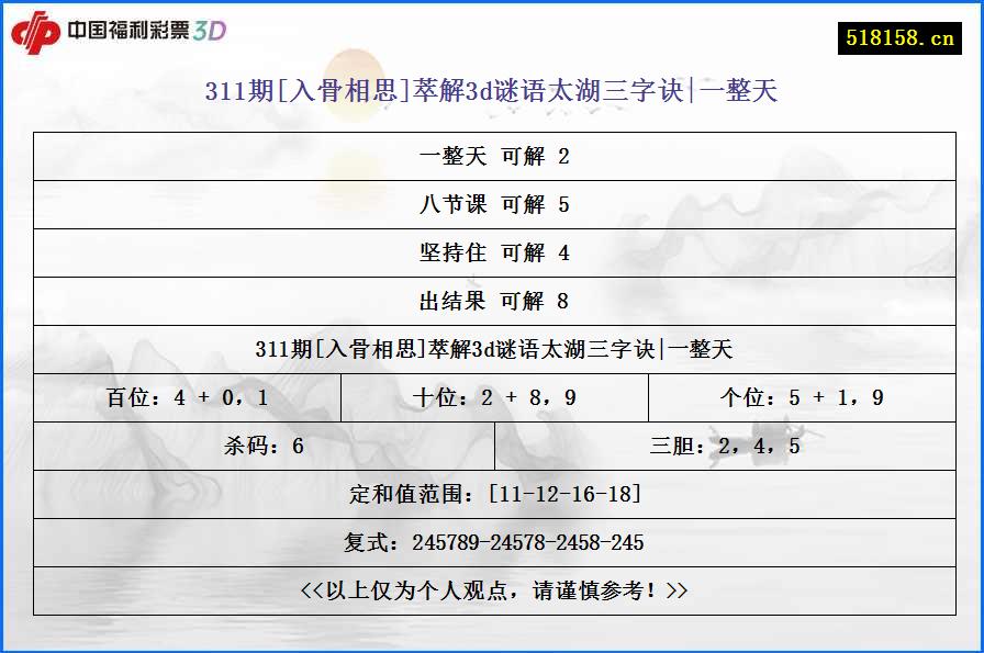 311期[入骨相思]萃解3d谜语太湖三字诀|一整天