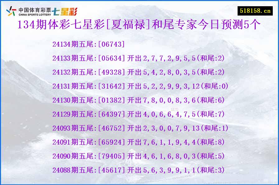 134期体彩七星彩[夏福禄]和尾专家今日预测5个