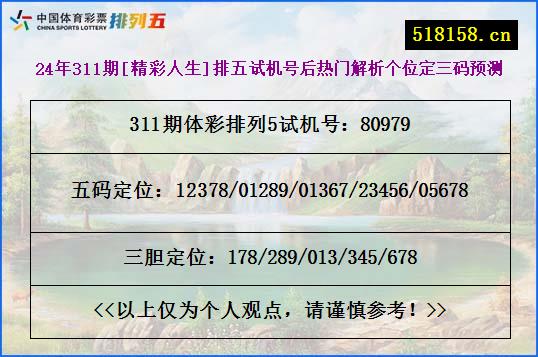 24年311期[精彩人生]排五试机号后热门解析个位定三码预测