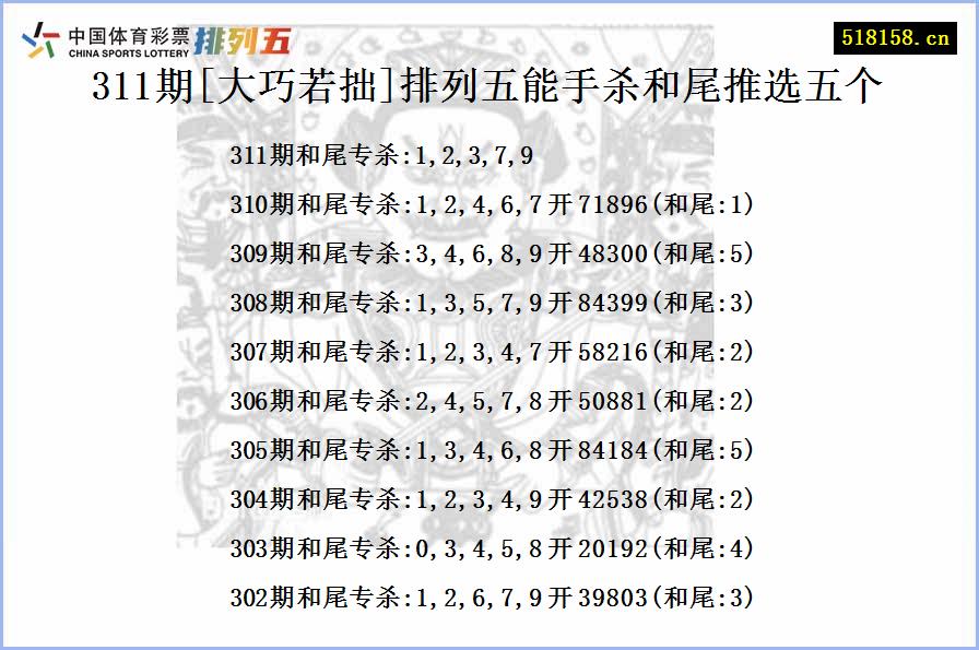 311期[大巧若拙]排列五能手杀和尾推选五个