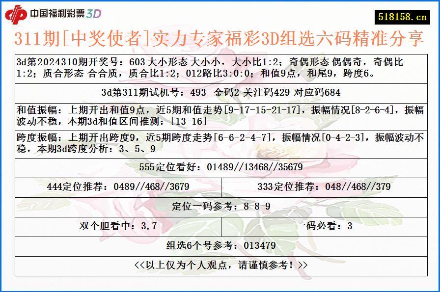 311期[中奖使者]实力专家福彩3D组选六码精准分享