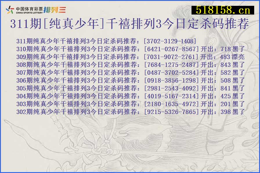 311期[纯真少年]千禧排列3今日定杀码推荐