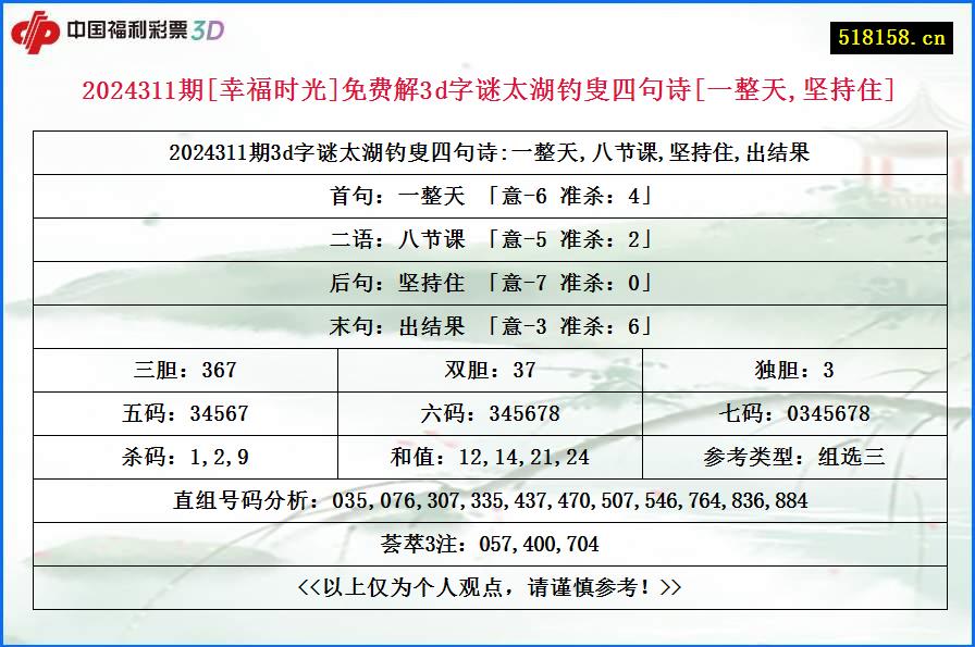 2024311期[幸福时光]免费解3d字谜太湖钓叟四句诗[一整天,坚持住]